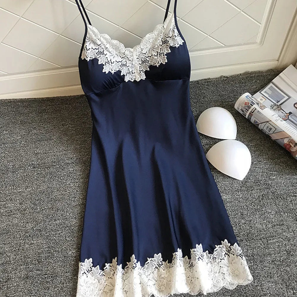 Robe de nuit d'été en soie pour femmes, Lingerie Sexy, dentelle, Patchwork, Mini robe de nuit, bretelles Spaghetti, sans coussinet de poitrine, vêtements de nuit pour dames