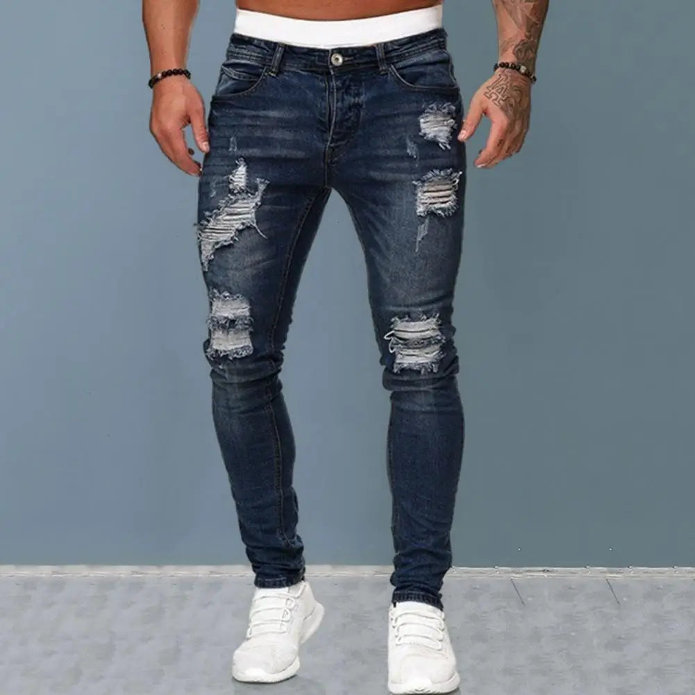 Jean Slim pour hommes peint Stretch coupe ajustée déchiré en détresse plissé genou Patch Denim pantalon marque pantalon décontracté mâle