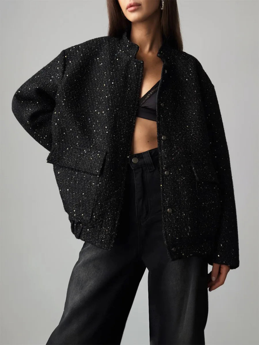 Veste à paillettes dorées pour femmes, nouvelle mode, col montant, ample, vêtements d'hiver, 2025