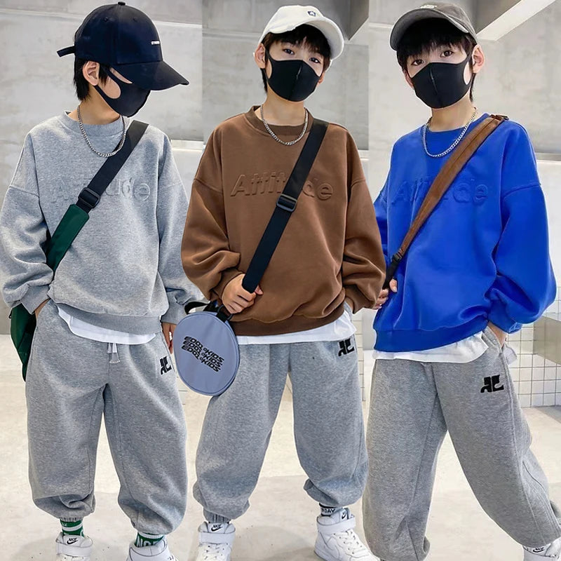 Ensemble de vêtements de sport pour garçons, sweat-shirt + pantalon imprimé de lettres de couleur unie, 2 pièces pour enfants de 5 à 14 ans, costume de loisirs de printemps et d'automne