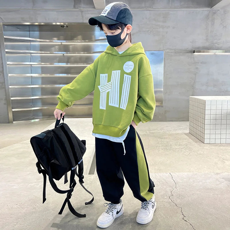 Costume sweat-shirt pour garçons, ensemble décontracté, à la mode, pour enfants et adolescents, à capuche, tendance, haut et pantalon, 2 pièces, nouvelle collection automne printemps 2025