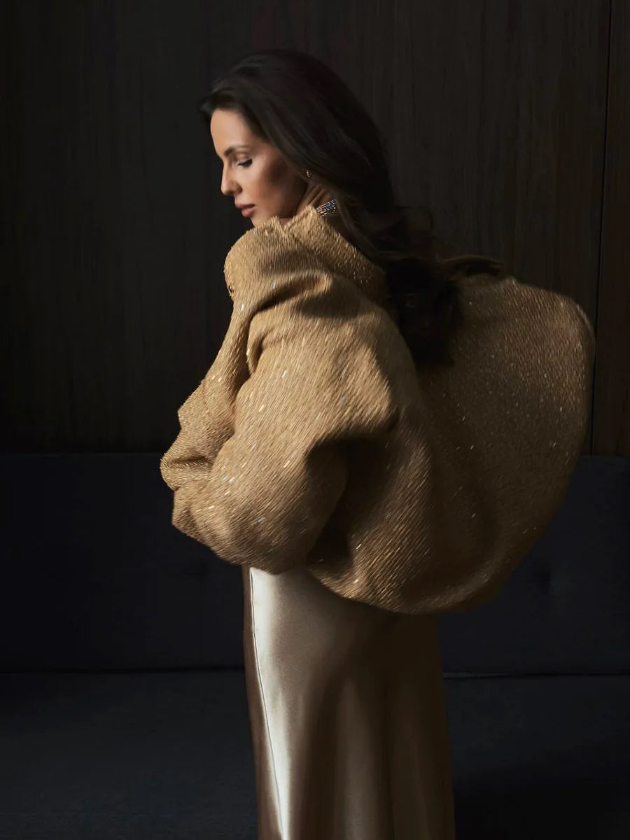 Veste à paillettes dorées pour femmes, nouvelle mode, col montant, ample, vêtements d'hiver, 2025