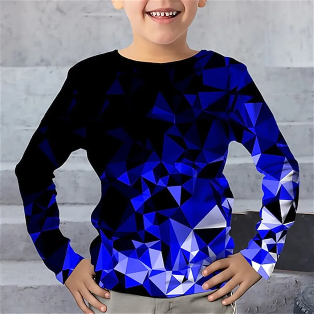 T-Shirt à manches longues pour garçon, vêtements une pièce à col rond, imprimé géométrique éclair, vêtements décontractés pour enfants, automne 2025
