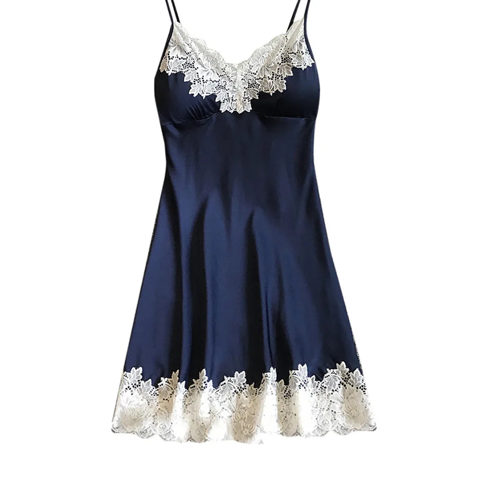 Robe de nuit d'été en soie pour femmes, Lingerie Sexy, dentelle, Patchwork, Mini robe de nuit, bretelles Spaghetti, sans coussinet de poitrine, vêtements de nuit pour dames