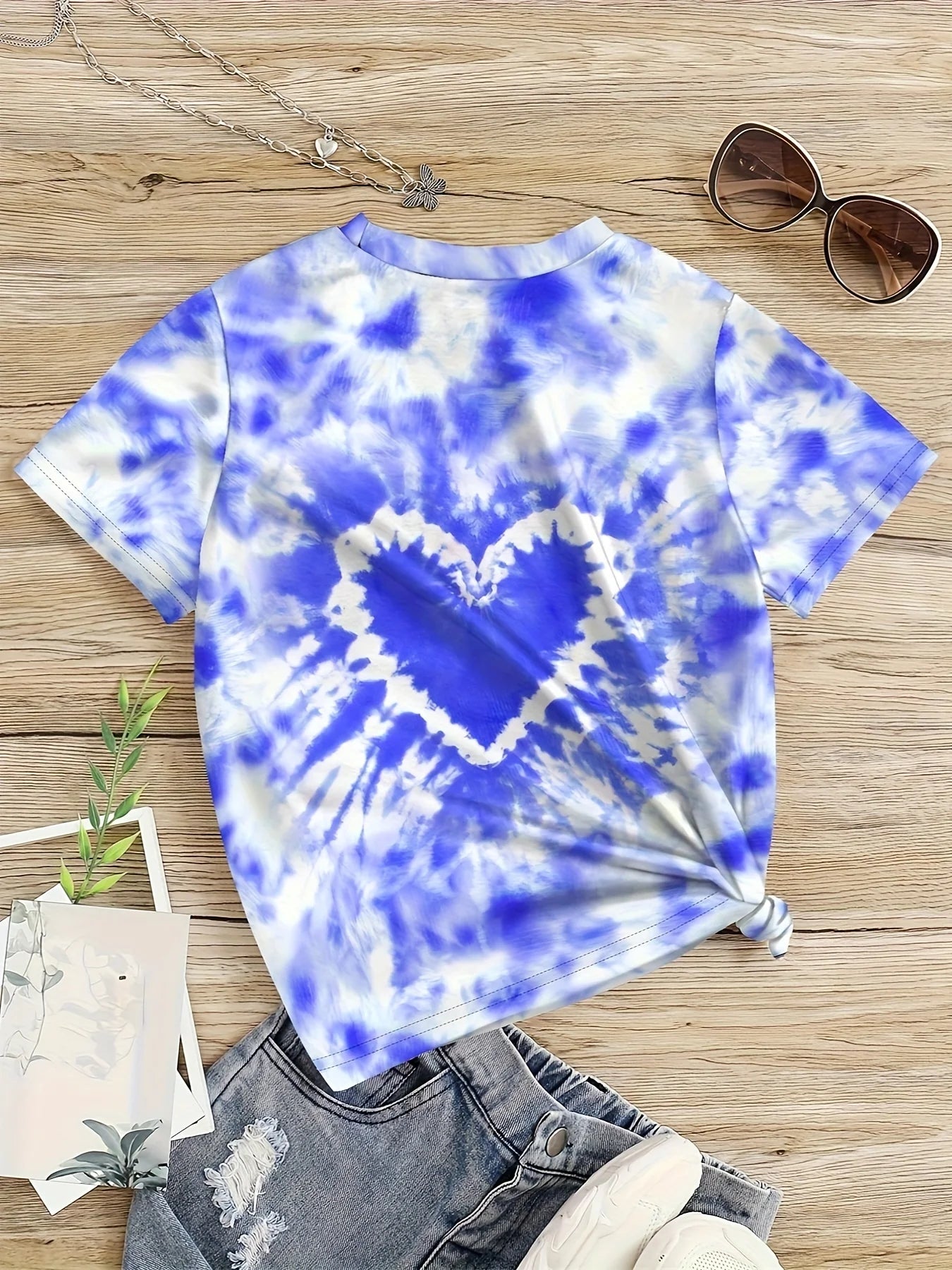 Vêtements fille T-Shirt enfant manches courtes coeur imprimé Tie Dye fille T-Shirt haut t-shirts occasionnels enfants vêtements d'été vêtements pour enfants