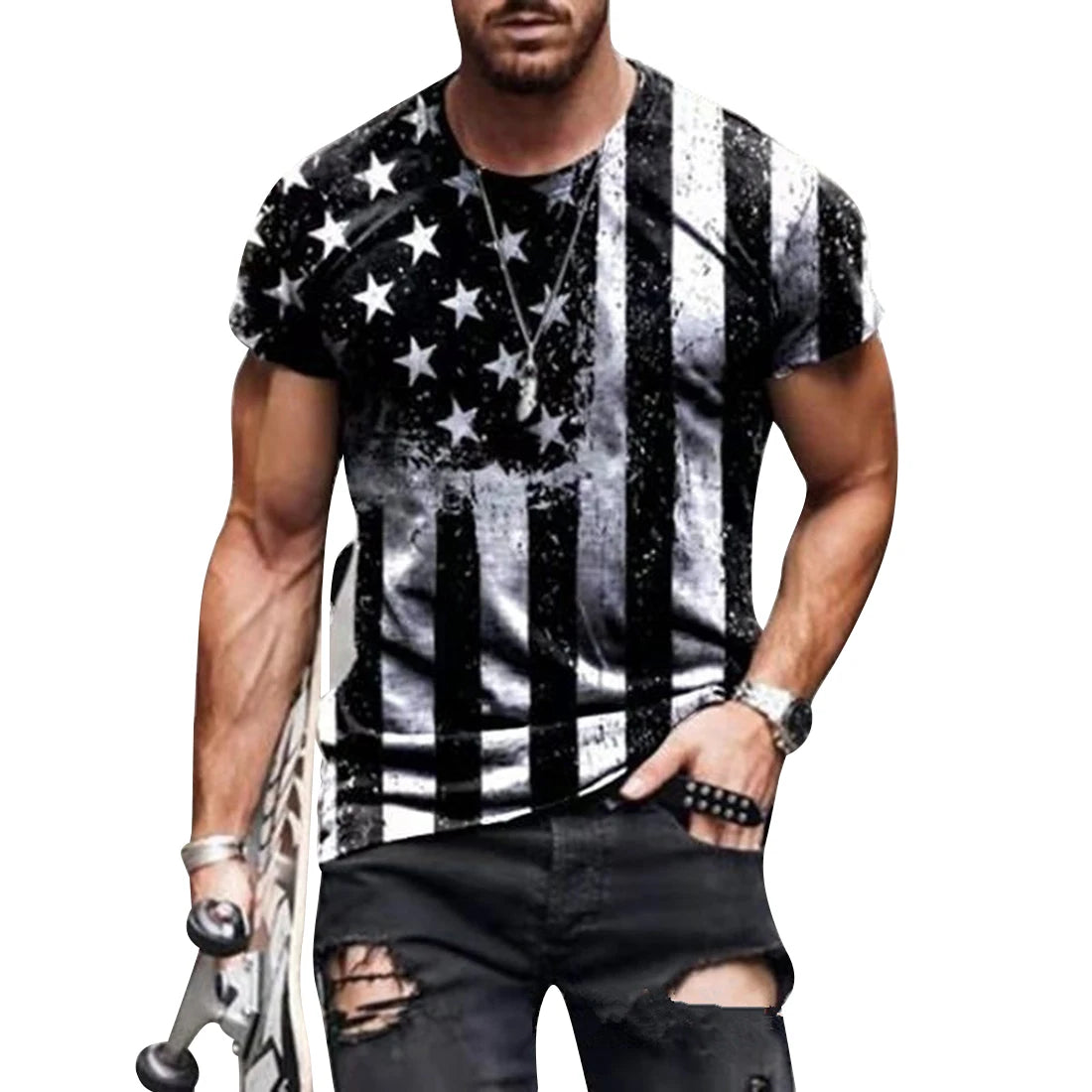 T-shirt col rond pour hommes, Streetwear, Cool, surdimensionné, imprimé drapeau américain, été, 2023