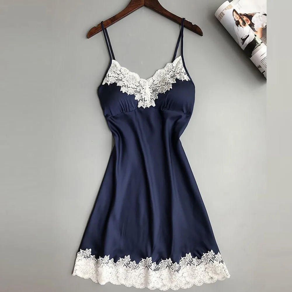 Robe de nuit d'été en soie pour femmes, Lingerie Sexy, dentelle, Patchwork, Mini robe de nuit, bretelles Spaghetti, sans coussinet de poitrine, vêtements de nuit pour dames