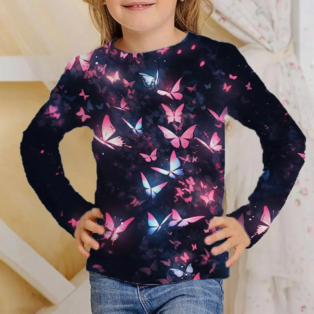 Vêtements pour filles de 4 à 12 ans, t-shirts noirs à manches longues avec papillon brillant, mode automne 2025, hauts pour enfants