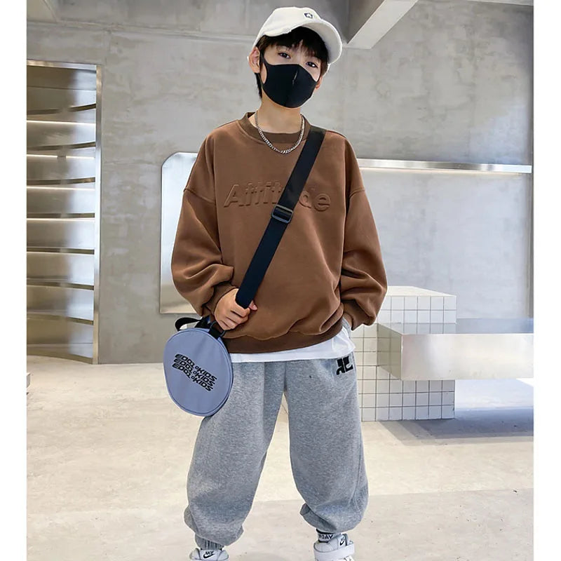 Ensemble de vêtements de sport pour garçons, sweat-shirt + pantalon imprimé de lettres de couleur unie, 2 pièces pour enfants de 5 à 14 ans, costume de loisirs de printemps et d'automne