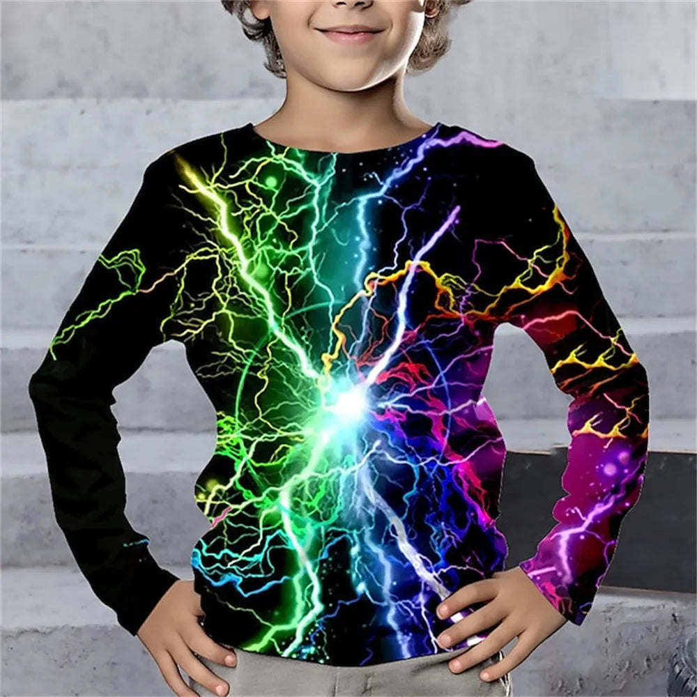 T-Shirt à manches longues pour garçon, vêtements une pièce à col rond, imprimé géométrique éclair, vêtements décontractés pour enfants, automne 2025
