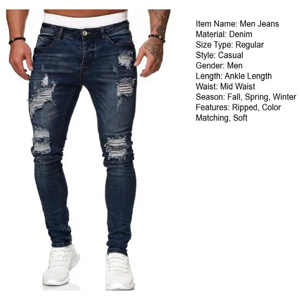 Jean Slim pour hommes peint Stretch coupe ajustée déchiré en détresse plissé genou Patch Denim pantalon marque pantalon décontracté mâle