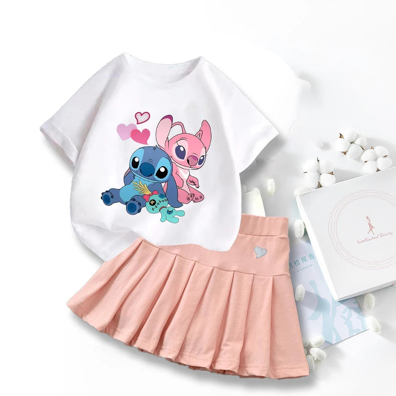 Nouveau mignon Lilo point T-shirts jupe ensemble Kawaii Disney dessin animé graphique T-shirt enfants décontracté manches courtes hauts été fille vêtements