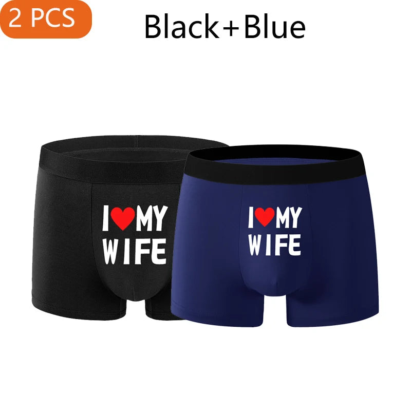 2 pièces nouveau Style hommes sous-vêtements noir couleur unie hommes Boxer mode impression personnalisée j'aime ma femme respirant hommes sous-vêtements