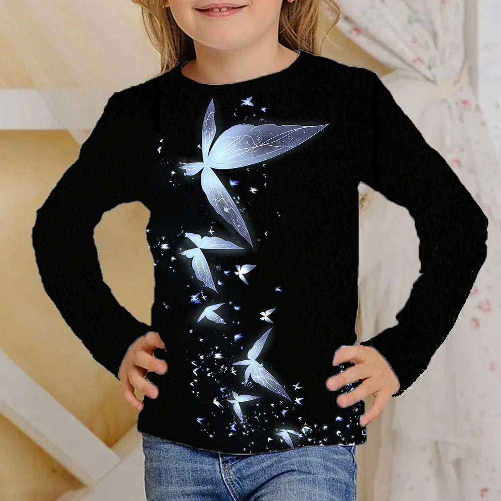 Vêtements pour filles de 4 à 12 ans, t-shirts noirs à manches longues avec papillon brillant, mode automne 2025, hauts pour enfants