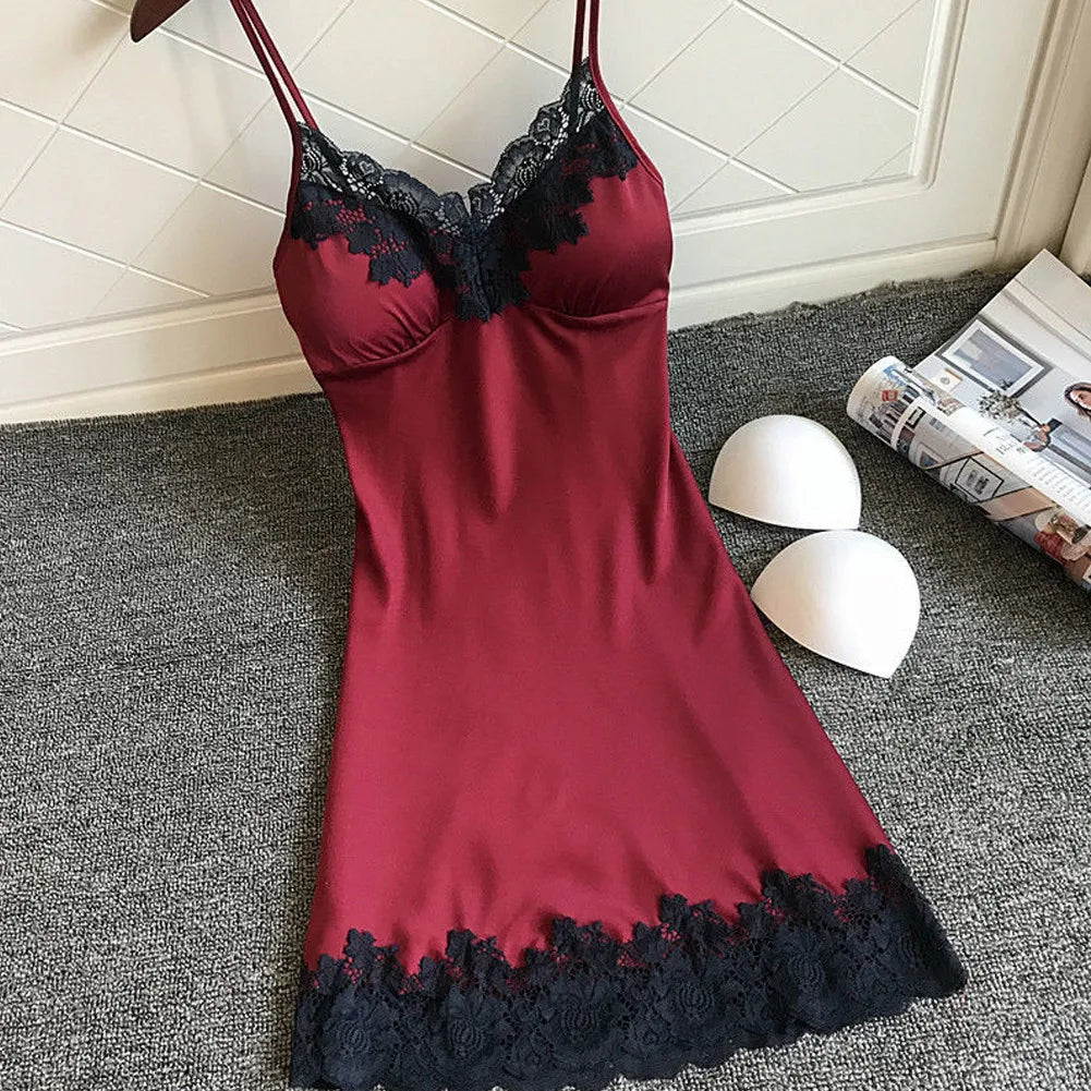 Robe de nuit d'été en soie pour femmes, Lingerie Sexy, dentelle, Patchwork, Mini robe de nuit, bretelles Spaghetti, sans coussinet de poitrine, vêtements de nuit pour dames