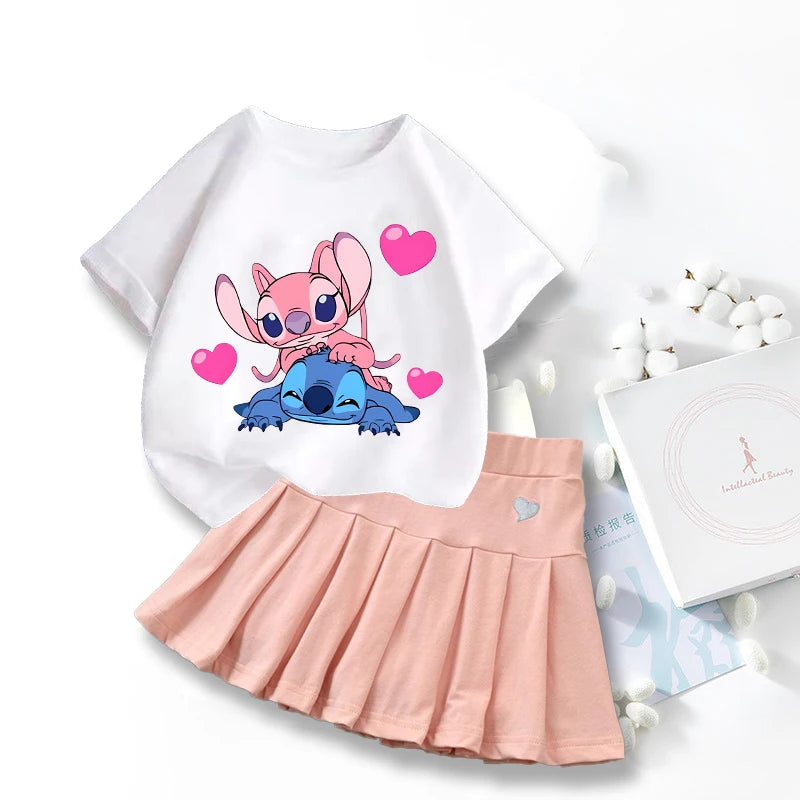 Nouveau mignon Lilo point T-shirts jupe ensemble Kawaii Disney dessin animé graphique T-shirt enfants décontracté manches courtes hauts été fille vêtements