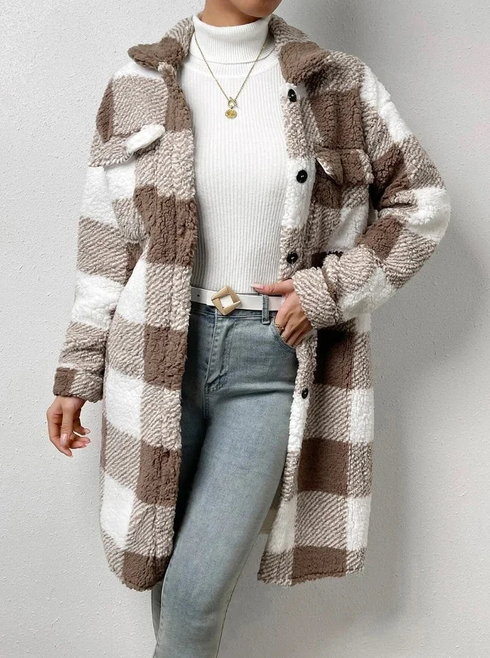 Cardigan à manches longues et col rabattu, manteau à carreaux en peluche, tempérament ample, veste longue de banlieue, vêtements d'extérieur pour femmes, automne 2023