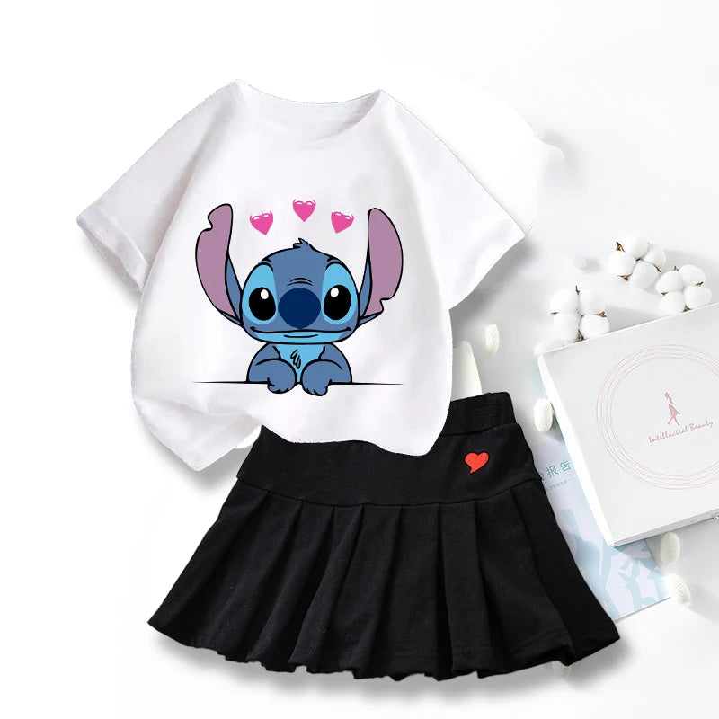 Nouveau mignon Lilo point T-shirts jupe ensemble Kawaii Disney dessin animé graphique T-shirt enfants décontracté manches courtes hauts été fille vêtements