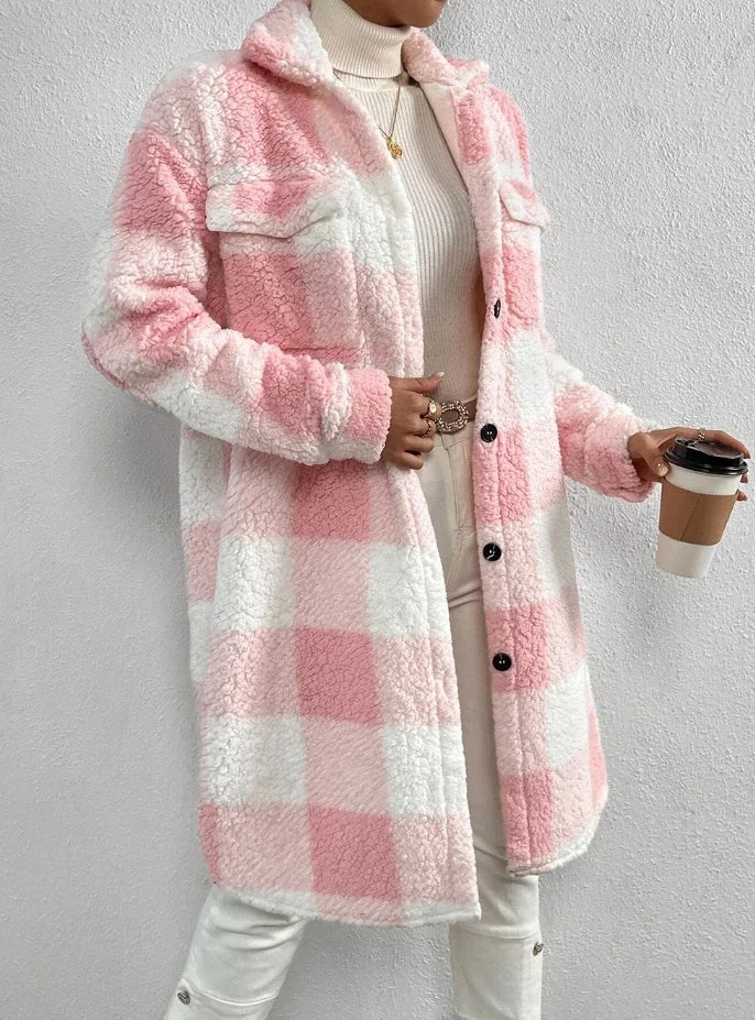 Cardigan à manches longues et col rabattu, manteau à carreaux en peluche, tempérament ample, veste longue de banlieue, vêtements d'extérieur pour femmes, automne 2023