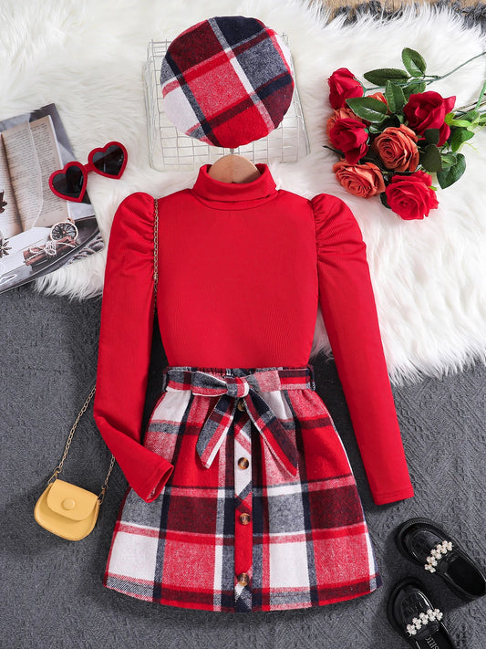 Filles mode filles printemps et automne nouvel ensemble rouge col haut bulle manches longues rouge plaid jupe + chapeau 3 pièces en plein air tenue décontractée