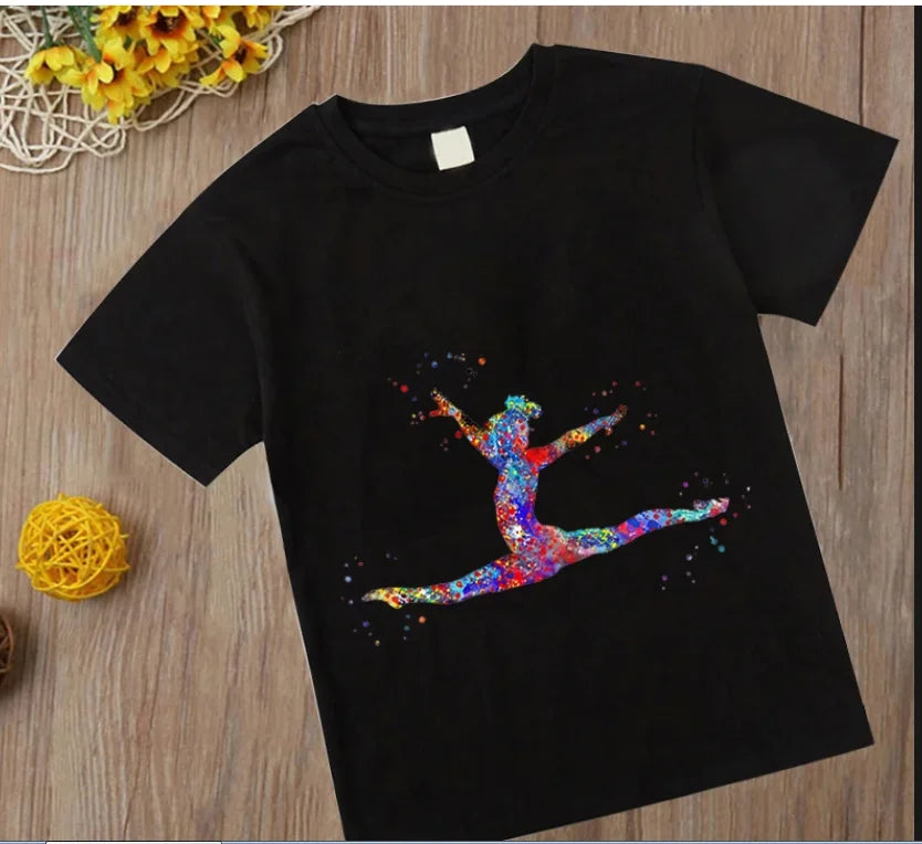 Aquarelle gymnastique fille imprimer CuteChildren T-Shirts enfants noir t-shirt GYM extrait Sport amant cadeau d'anniversaire t-shirt personnalisé