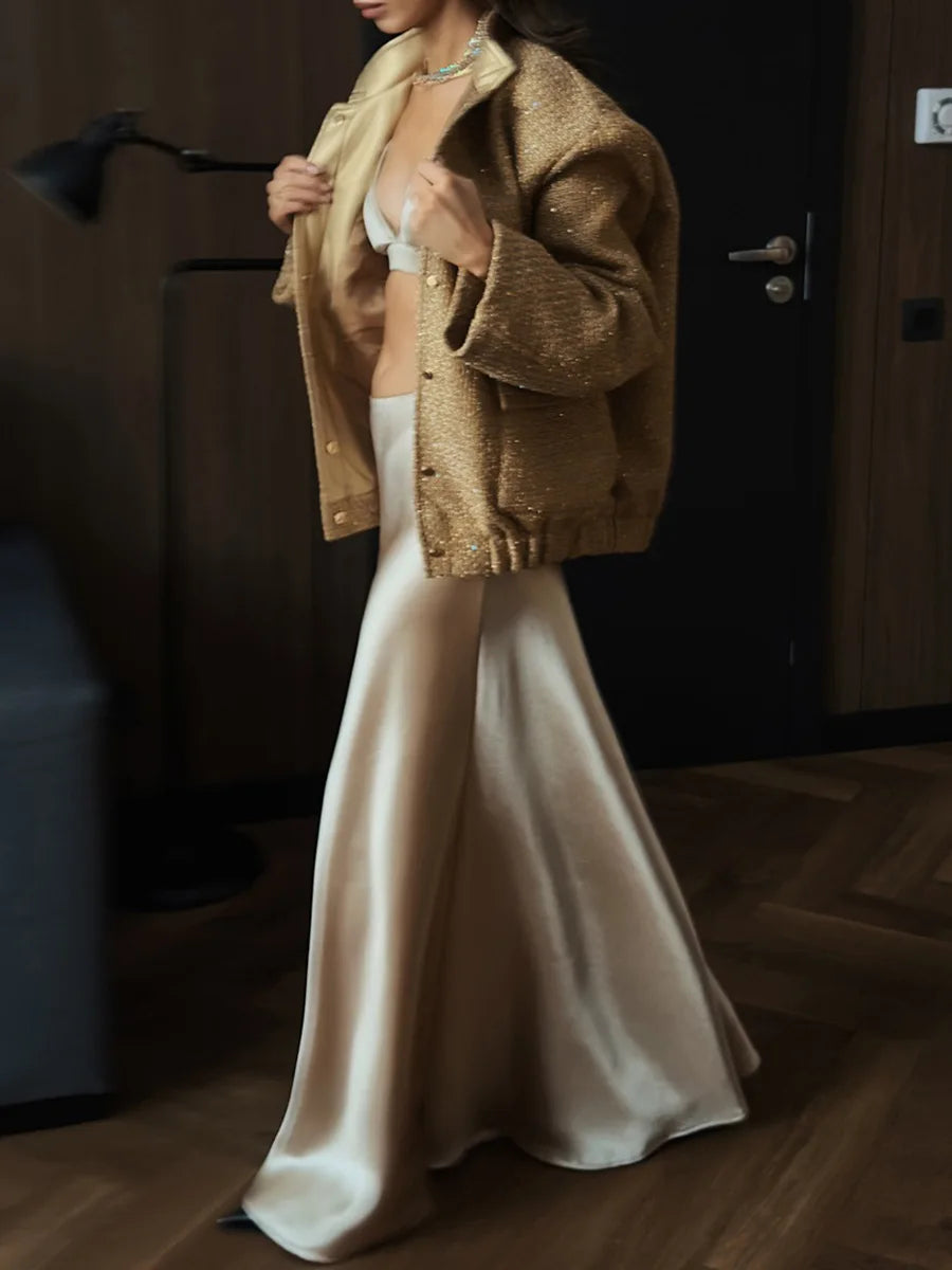 Veste à paillettes dorées pour femmes, nouvelle mode, col montant, ample, vêtements d'hiver, 2025
