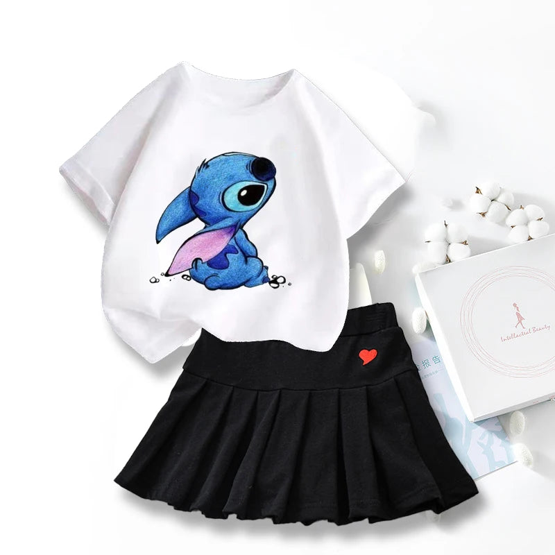 Nouveau mignon Lilo point T-shirts jupe ensemble Kawaii Disney dessin animé graphique T-shirt enfants décontracté manches courtes hauts été fille vêtements