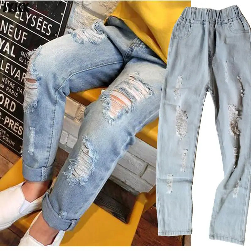 Jeans multicolores à trous pour petites filles et garçons, Denim décontracté, amples à revers, pantalons pour enfants, nouvelle mode printemps et été 2024