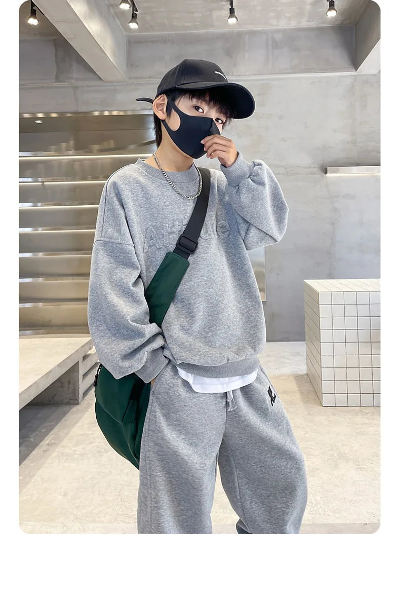 Ensemble de vêtements de sport pour garçons, sweat-shirt + pantalon imprimé de lettres de couleur unie, 2 pièces pour enfants de 5 à 14 ans, costume de loisirs de printemps et d'automne