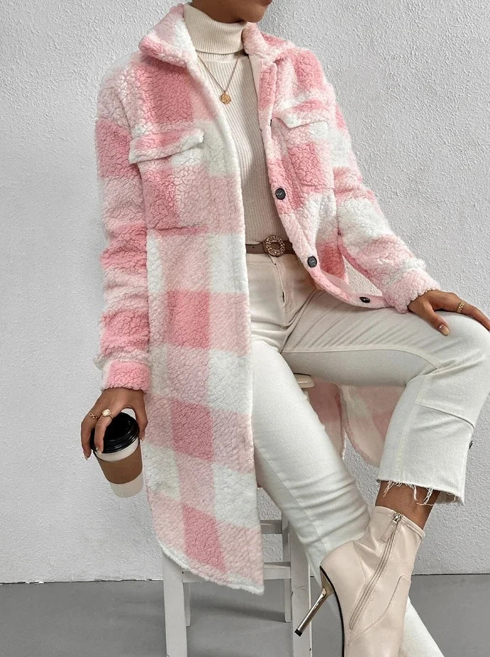 Cardigan à manches longues et col rabattu, manteau à carreaux en peluche, tempérament ample, veste longue de banlieue, vêtements d'extérieur pour femmes, automne 2023