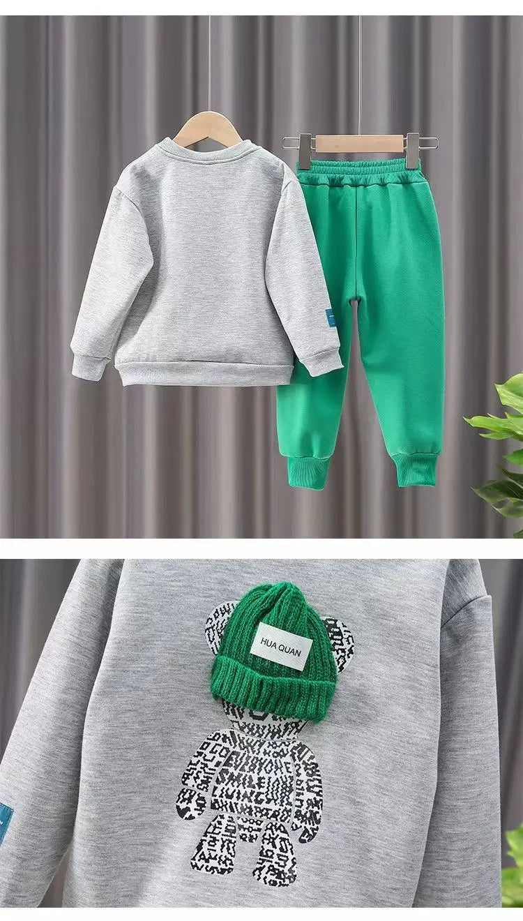 Ensemble de vêtements d'automne pour bébés filles et garçons, sweat-shirt avec ours de dessin animé, pantalon et haut à boutons, costume deux pièces, survêtement en coton