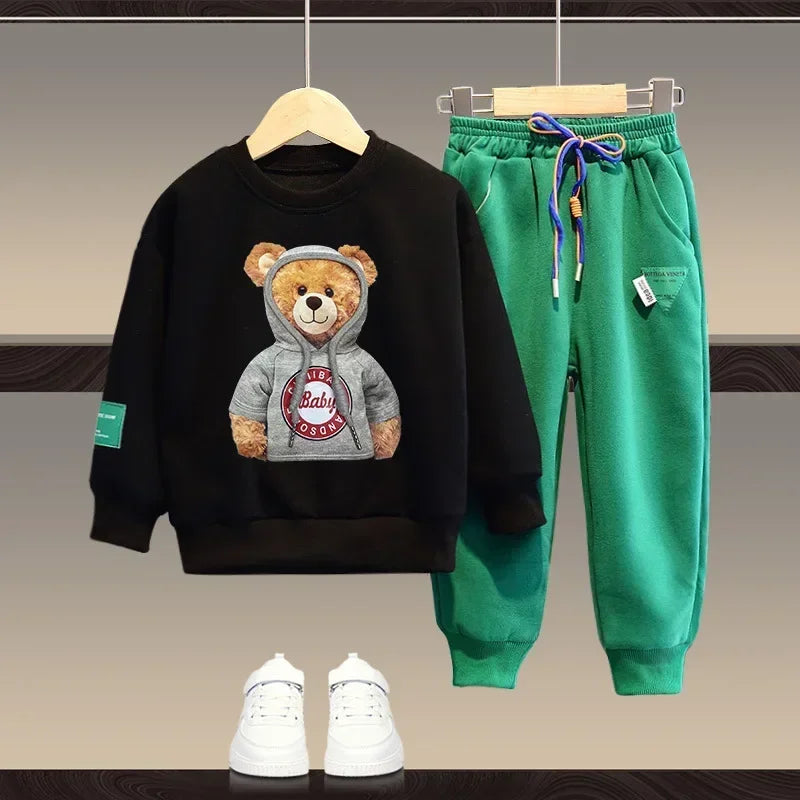 Ensemble de vêtements d'automne pour bébés filles et garçons, sweat-shirt avec ours de dessin animé, pantalon et haut à boutons, costume deux pièces, survêtement en coton