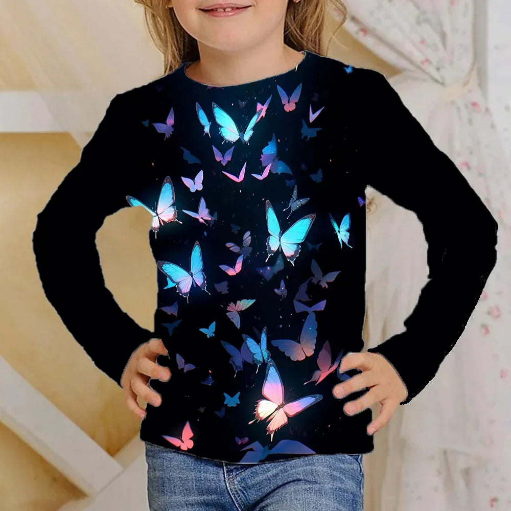 Vêtements pour filles de 4 à 12 ans, t-shirts noirs à manches longues avec papillon brillant, mode automne 2025, hauts pour enfants