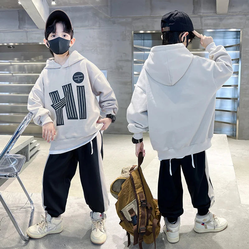 Costume sweat-shirt pour garçons, ensemble décontracté, à la mode, pour enfants et adolescents, à capuche, tendance, haut et pantalon, 2 pièces, nouvelle collection automne printemps 2025