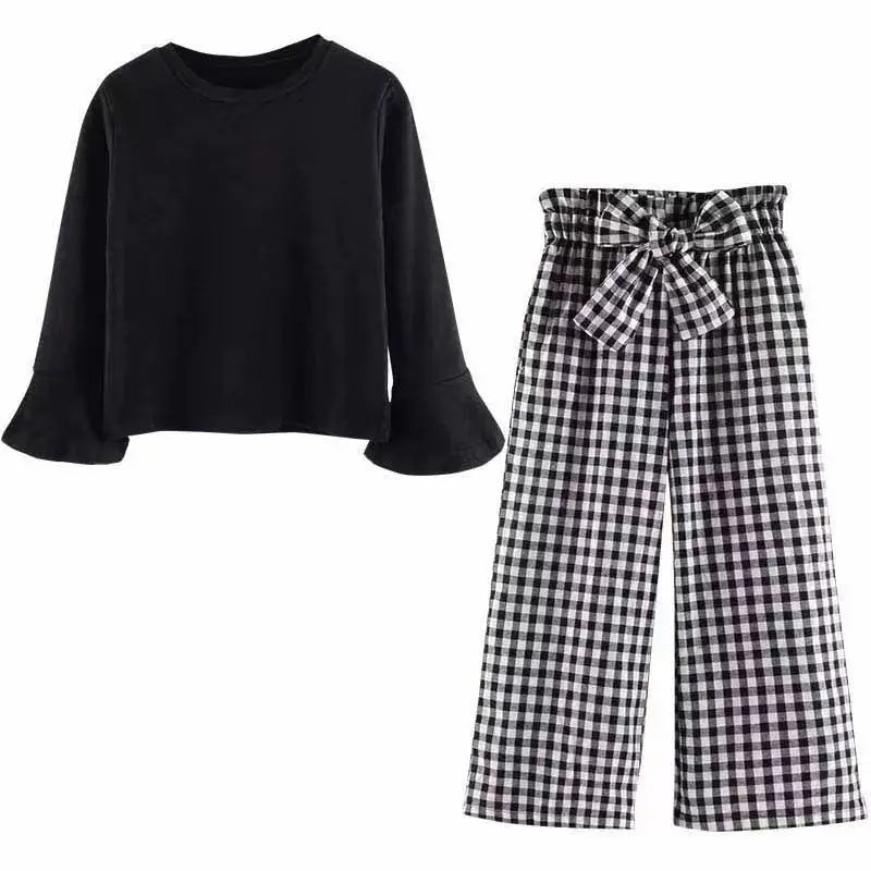 Ensemble de vêtements pour enfants filles, T-shirt à manches longues + pantalon à carreaux à jambes larges, 2 pièces, vêtements pour enfants et adolescentes de 6 8 10 12 14 ans, automne 2024